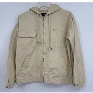 Denim & Co Womens Hooded Utility Denim Jacket Cotton Casual M Gorpcore Workwear